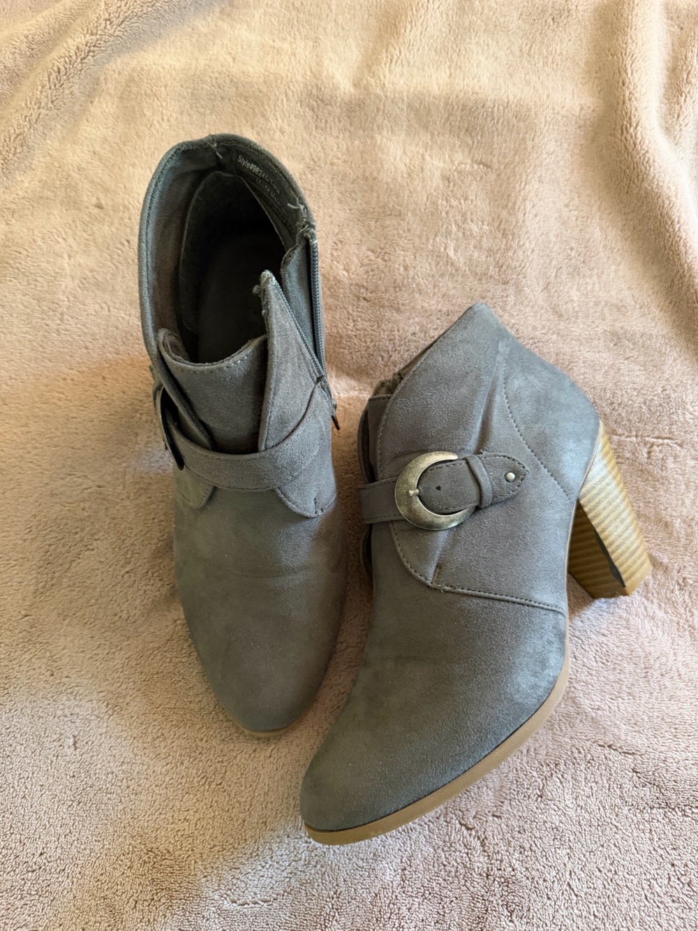 Gray Suede Ankle Booties with Decorative Buckle